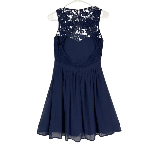 Lulus Navy Blue Lace Crochet Overlay Fit Flare Dress Womens Size S - Picture 3 of 6